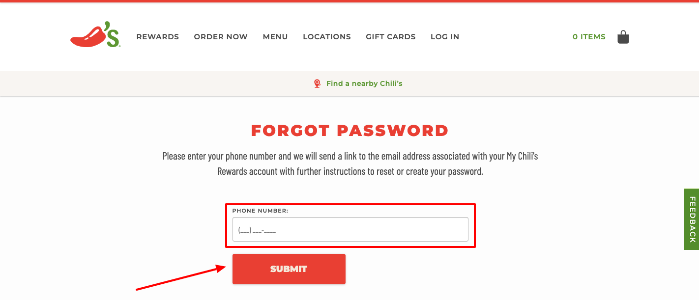 My Chili’s Rewards forgot password