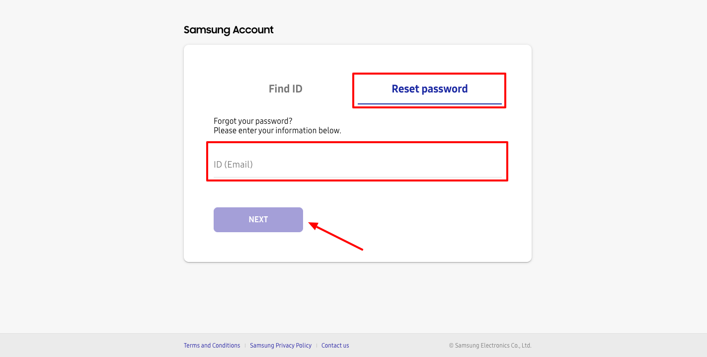 samsung account find id reset password