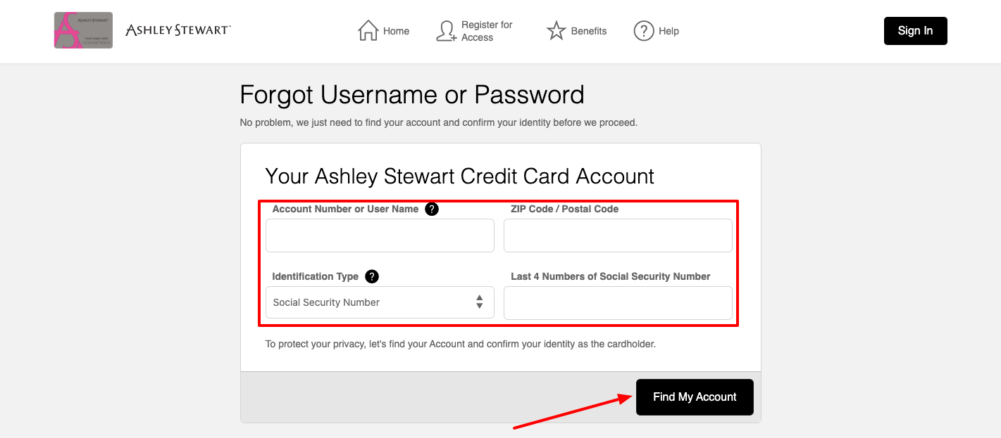 Ashley Stewart Credit Card Forgot Username or Password
