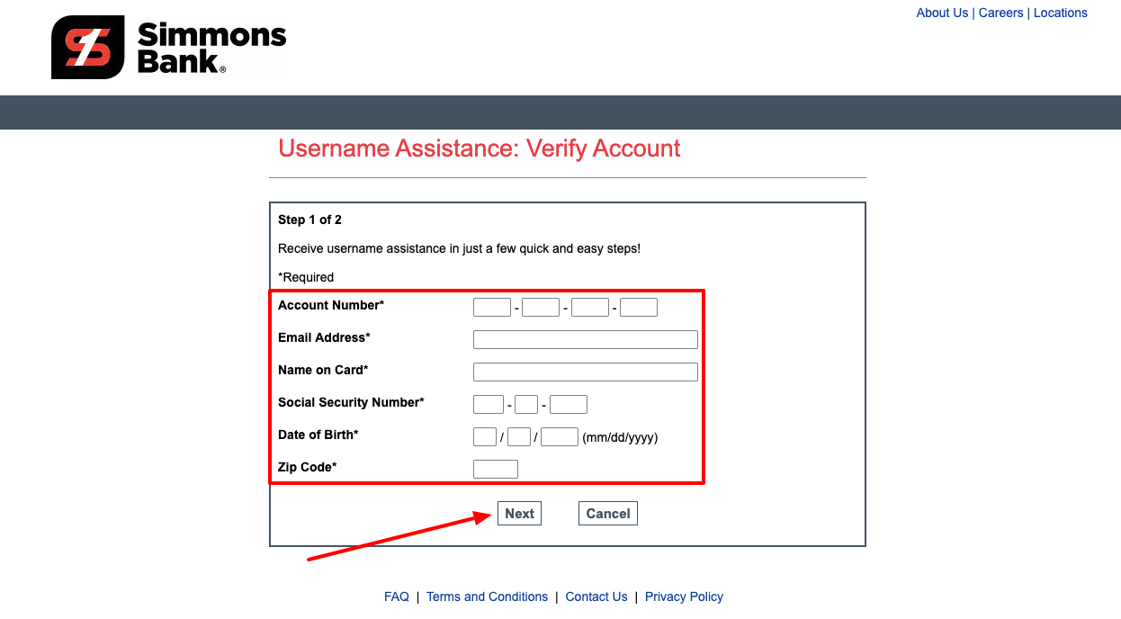 Simmons Bank Credit Card forget username