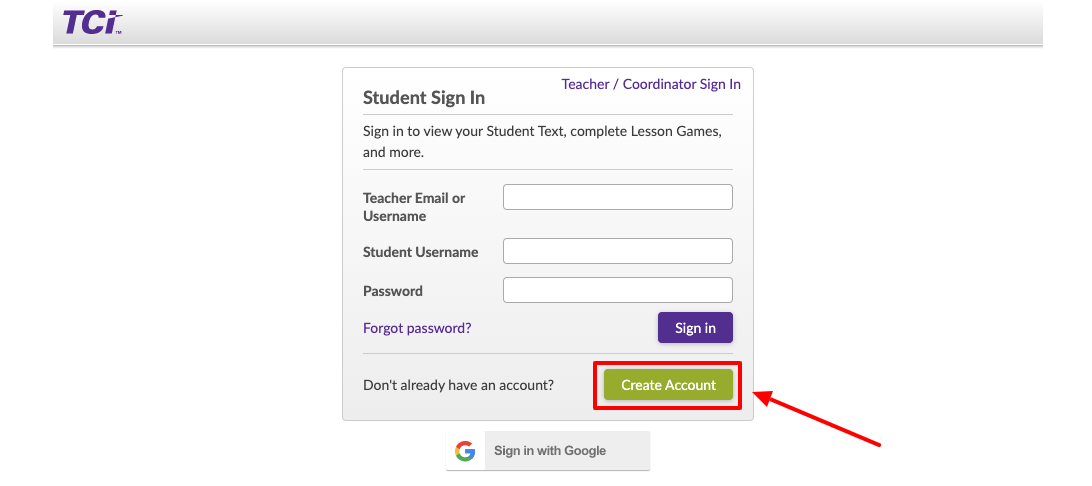 TeachTCI student create account