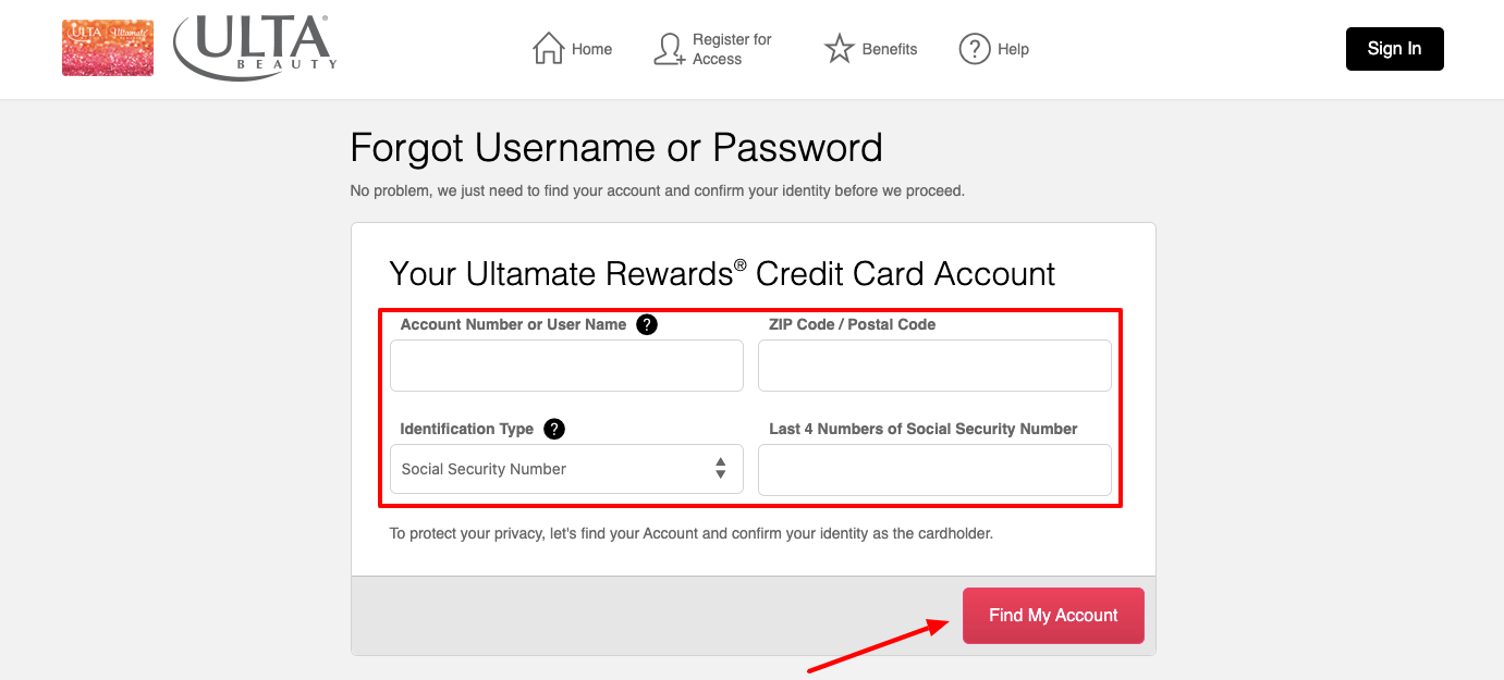 Ultamate Rewards Credit Card Forgot Username or Password