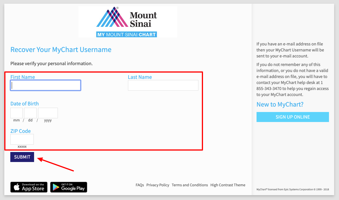 Mount Sinai MyChart Reset username