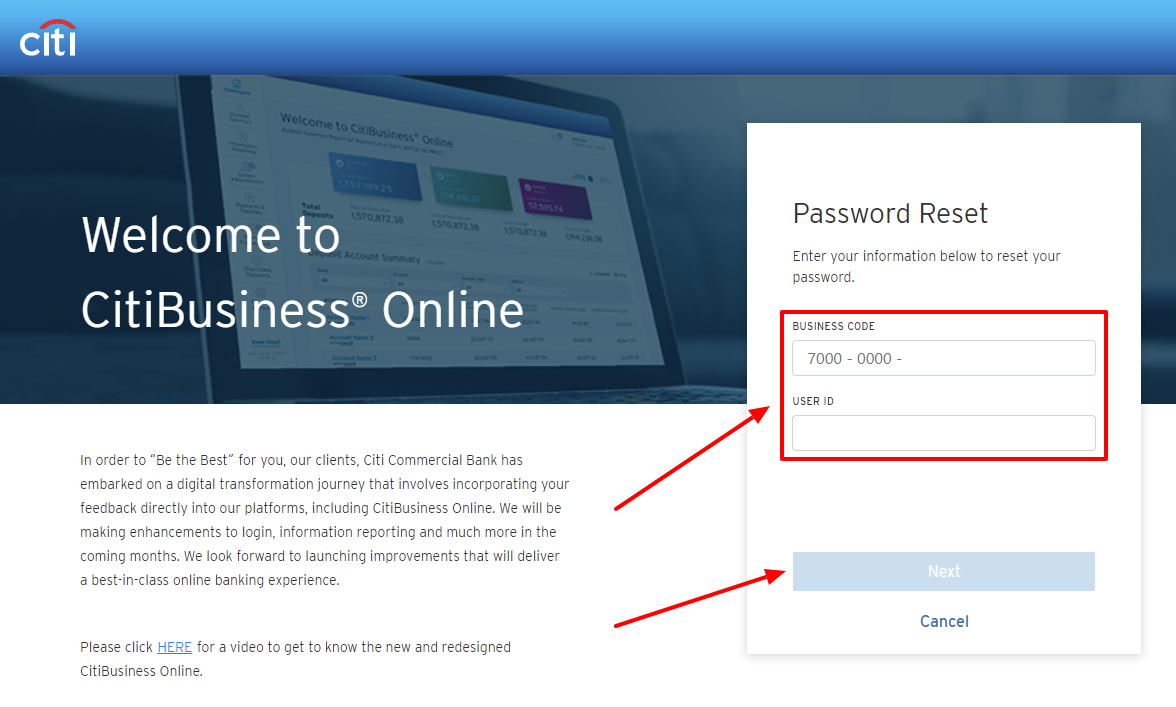 Citi Business forgot password