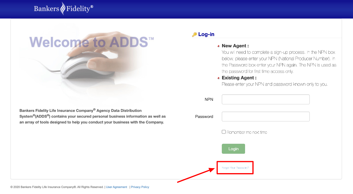 Bankers Fidelity Agent forgot password